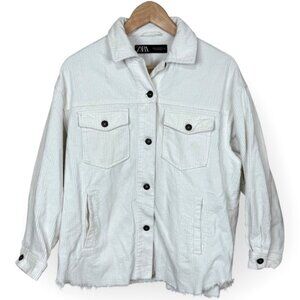 Zara Oversized Ribbed Corduroy Raw Hem Button Down Jacket Pockets XS Ivory